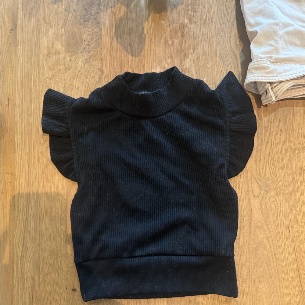 Storia Black Ribbed Mock Neck Flutter Sleeve Top